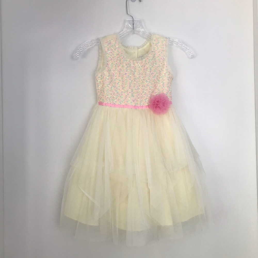 Jona Michelle Girl's Dress Easter Mesh Overlay Sequence Light Yellow Size 5